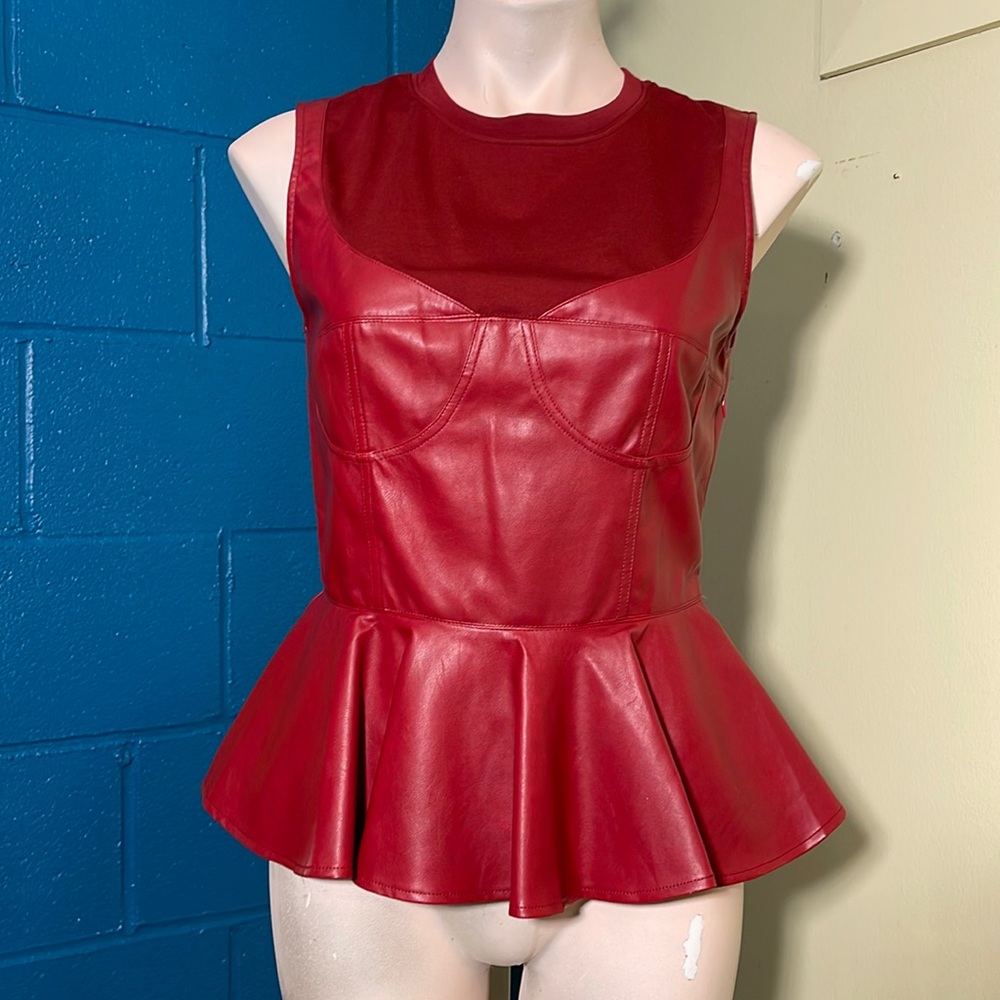 Faux leather top.